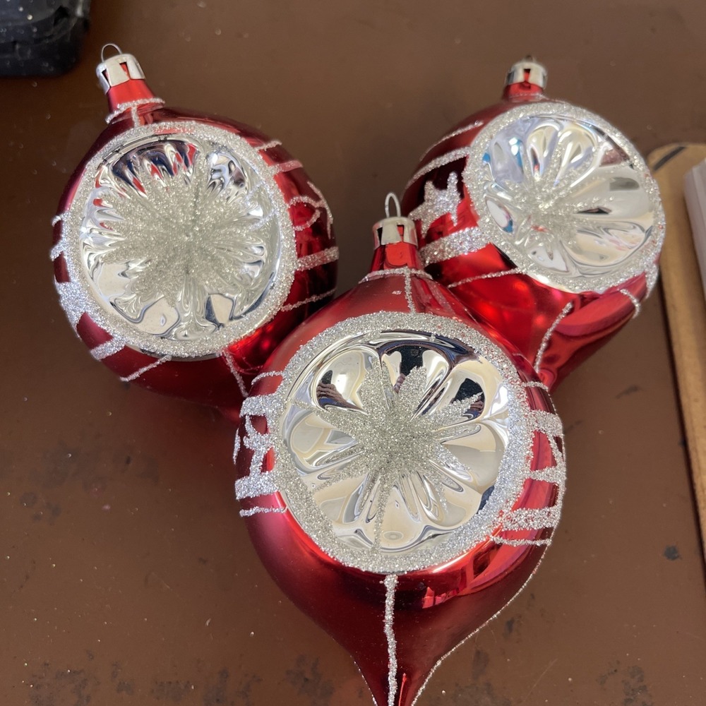 Vtg Glass Jumbo Red & Silver Indent Teardrop Christmas Ornament 5"